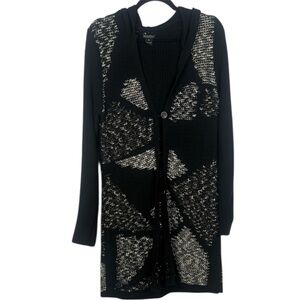 Lucky Brand Black Cream Geometric Long Sleeve Hooded Medium Cardigan Sweater